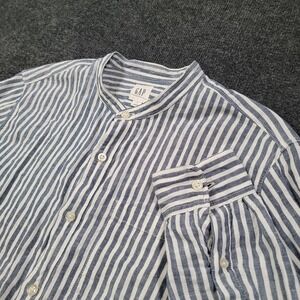 GAP Men Band Collar Shirt Small Blue White Stripe Linen Blend Long Sleeve